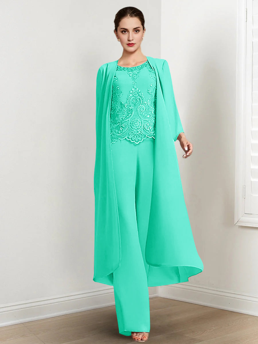 Chiffon Round Neck Floor-Length Mother Of The Bride Pantsuits With Jacket & Applique