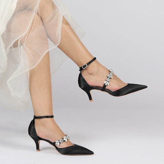 Women's Wedding Rhinestone Mid Heel Pointed Toe Buckle Bridal Shoes