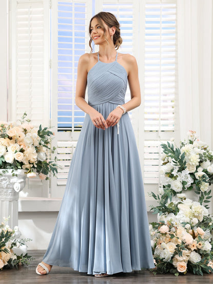 A-Line/Princess Halter Sleeveless Floor-Length Chiffon Bridesmaid Dresses with Ruched