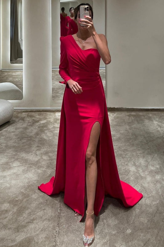 Elegant Red One Shoulder Prom Dress Front Split Court Mermaid Dress LY0007