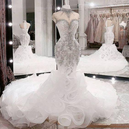 White luxury beaded long slim fit ball gown evening dress mermaid wedding dress gh1884