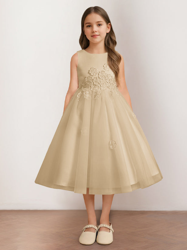 A-Line/Princess Scoop Neck Sleeveless Tea-Length Flower Girl Dress with Appliques