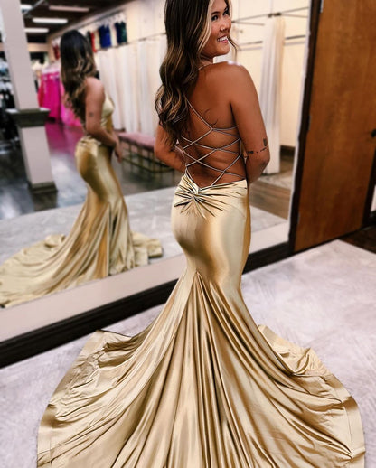 Glamorous Golden Prom Dress V Neck Mermaid Sleeveless Backless YH0008