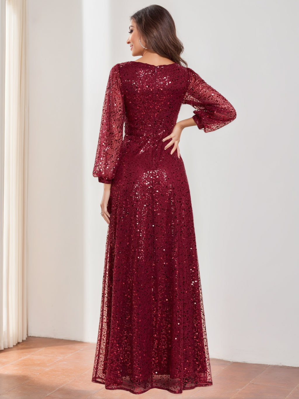 A-Line/Princess V-Neck Long Lantern Sleeves Floor Length Sequined Mother of the Bride Dresses