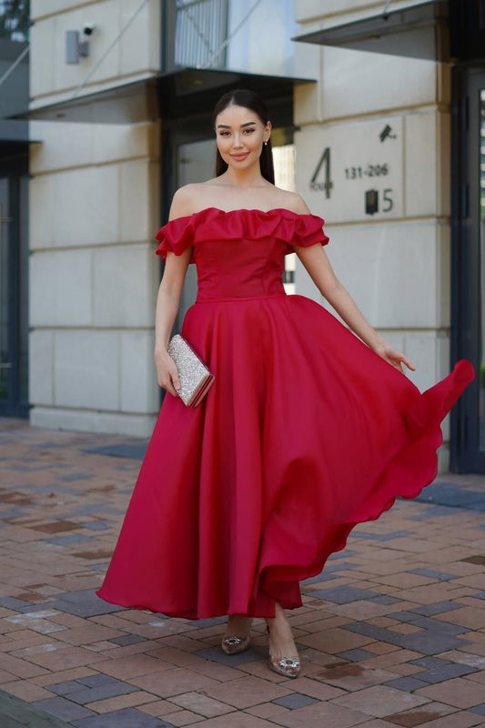 edgynewlook Beautiful Red Satin Off the Shoulder Strapless A Line Prom Dress with Ruffles