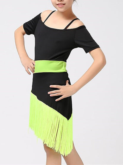 Latin Dance Kids' Dancewear Dress Short Sleeve  Cotton Blend Tassel Splicing Girls' Performance