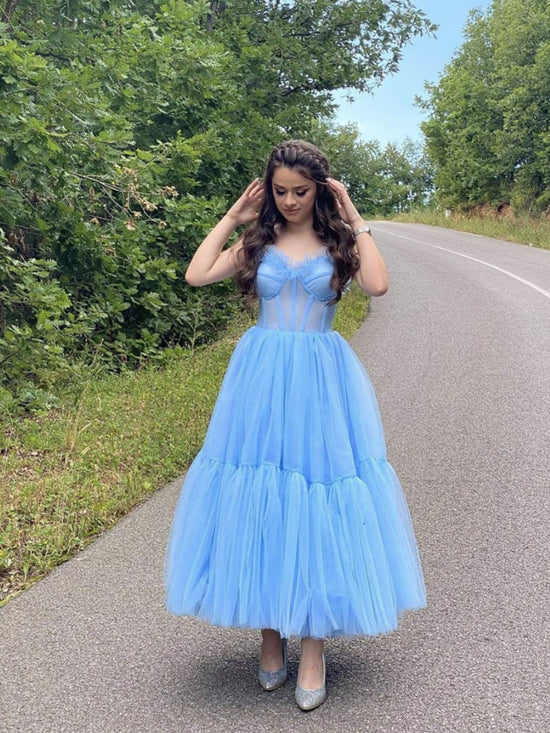 Blue sweetheart neck tulle tea length prom dress, blue homecoming dress fg2653