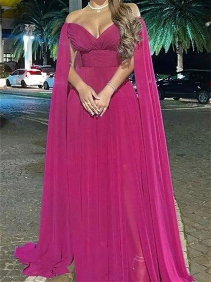 A-Line/Princess Off-the-Shoulder Floor-Length Evening Dress with Watteau Train