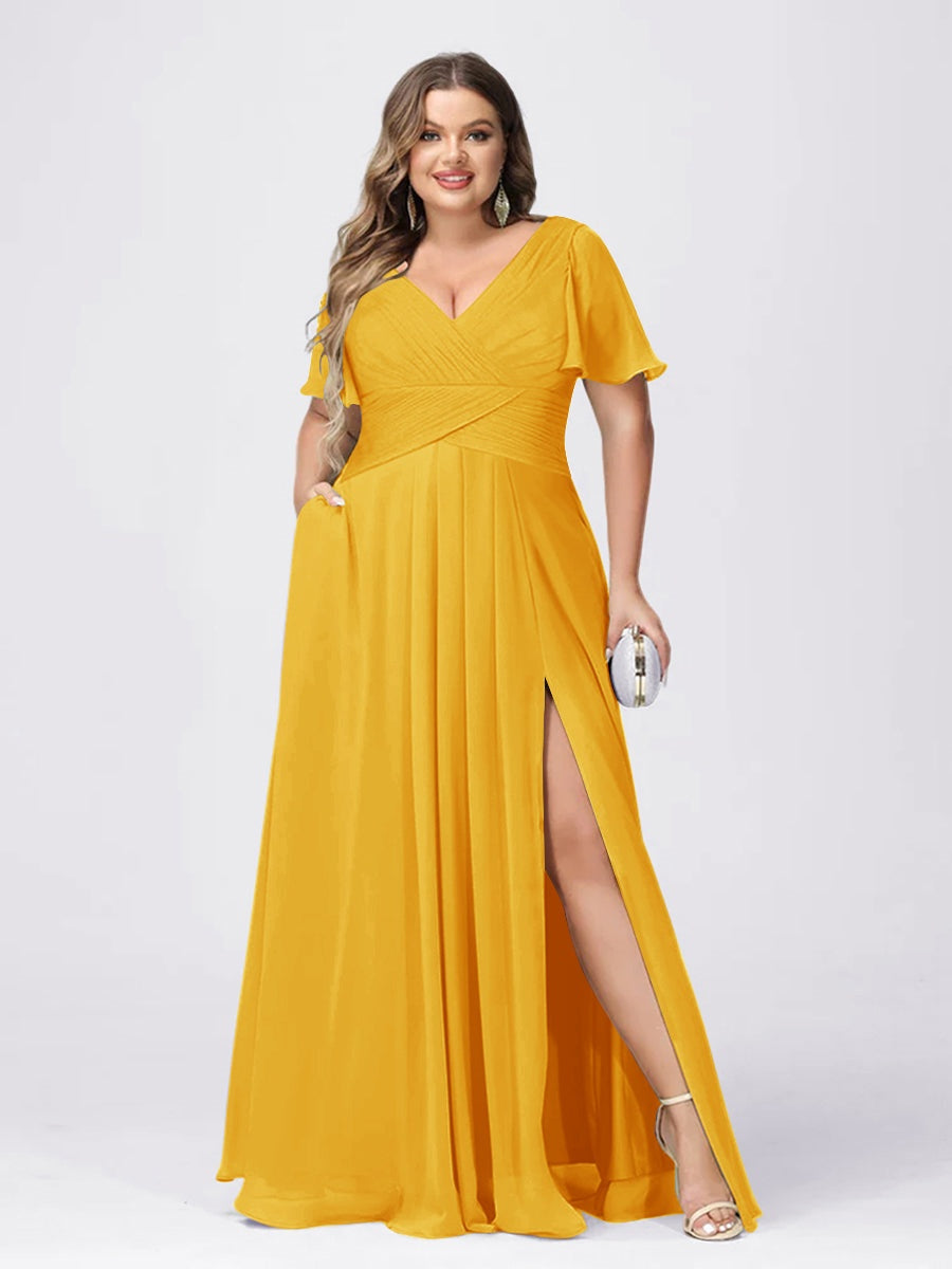 A Line/Princess V-Neck Short Sleeves Plus Size Bridesmaid Dresses with Split Side