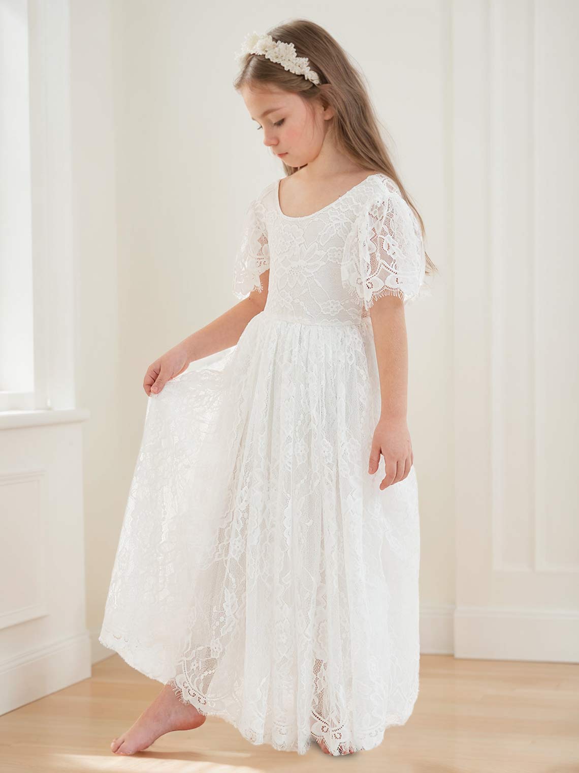 A-line Lace Ankle-length Ivory Boho Flower Girl Dress