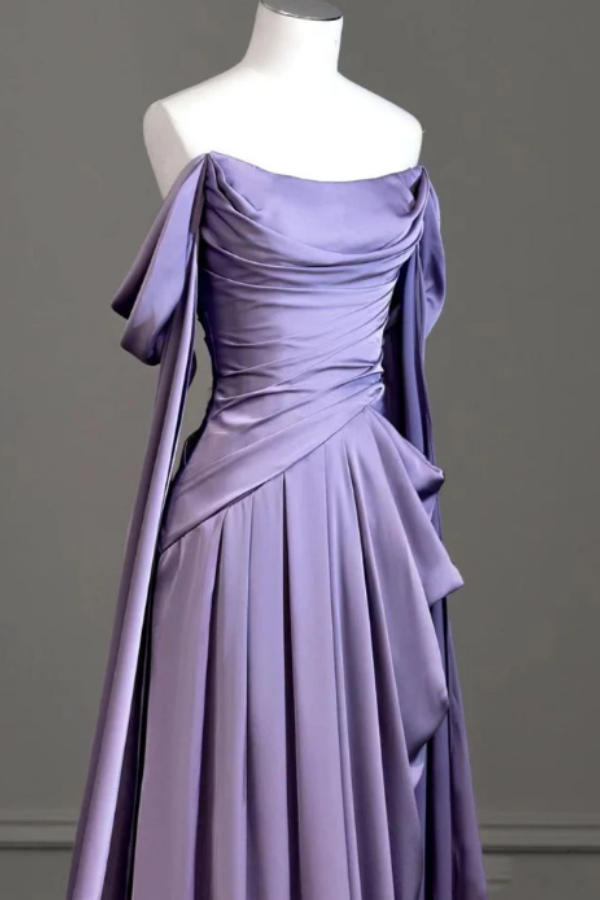 Purple Off-The-Shoulder Pleated Long Prom Dress With Trailing On Both Sides ZT0580