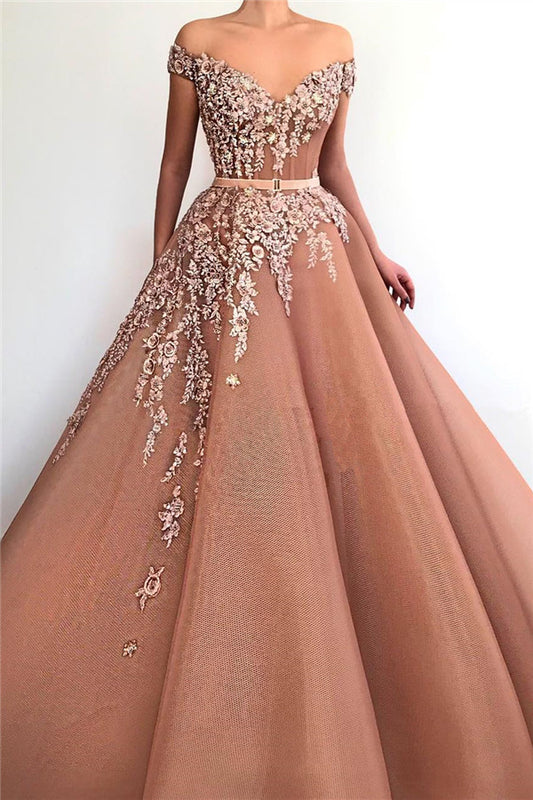 Elegant Off-The-Shoulder Appliques V-Neck Mermaid Prom Dress With Belt PD0931