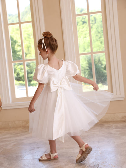 Ball-Gown Satin Tulle Scoop Short Sleeves Tea-Length Flower Girl Dresses With Bowknot