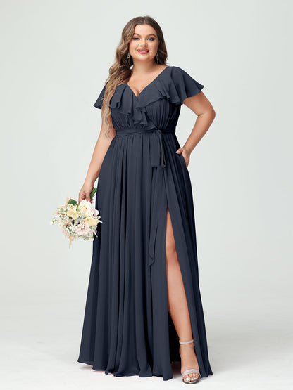 A-Line/Princess V-Neck Short Sleeves Chiffon Plus Size Bridesmaid Dresses With Pockets,Ruffles  ,Ruched & Split Side