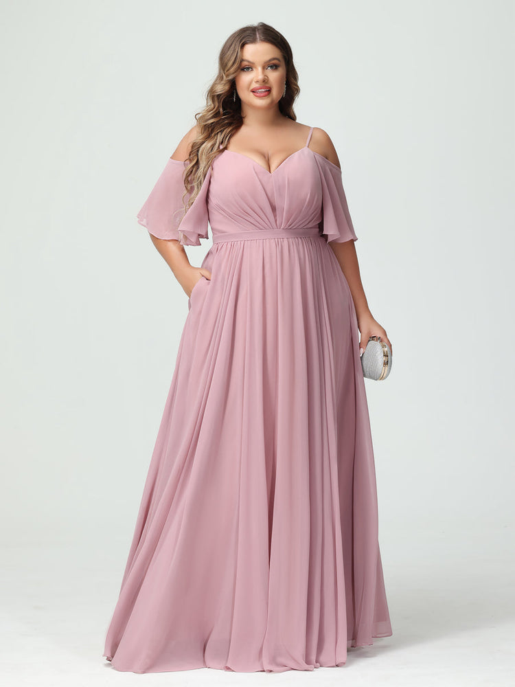 A-Line/Princess/Princess Spaghetti Straps Half Sleeves Chiffon Plus Size Bridesmaid Dresses with Pockets