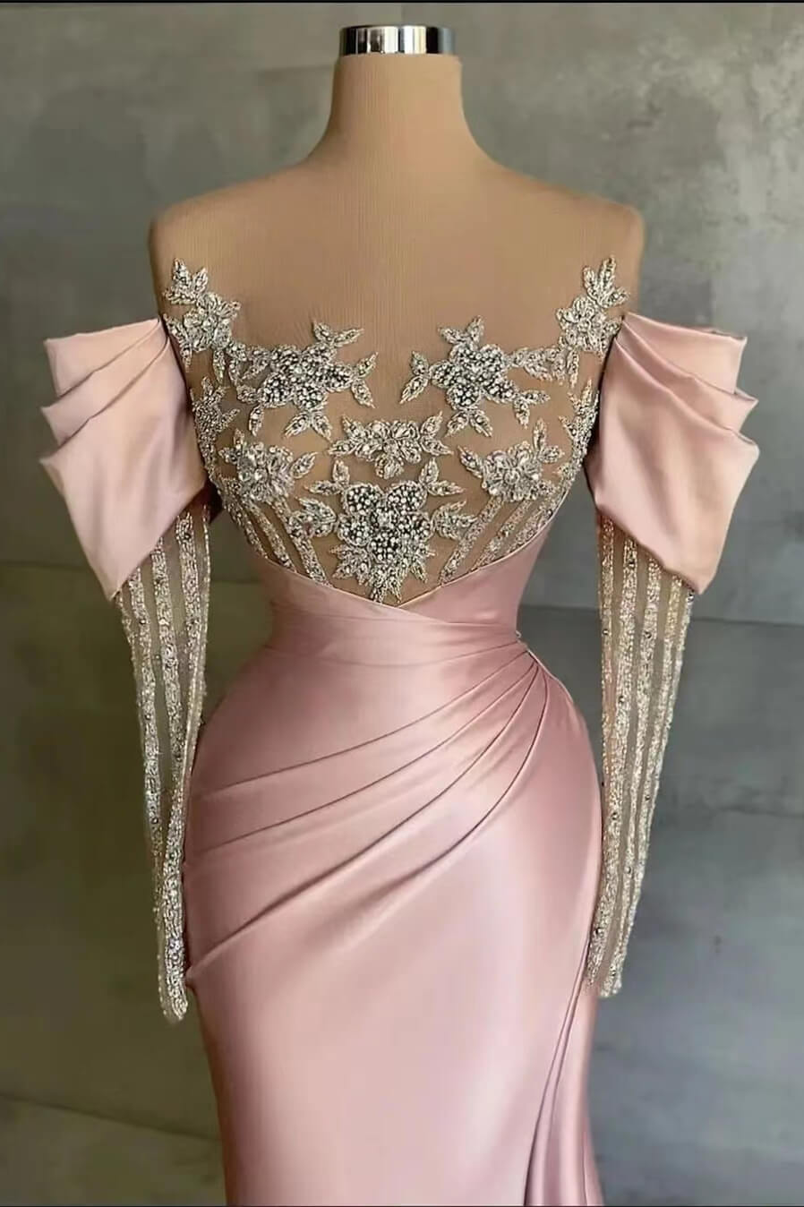 Pink Off-The-Shoulder Front Split Mermaid Long Sleeves Prom Dress Beadings With Appliques ED0148