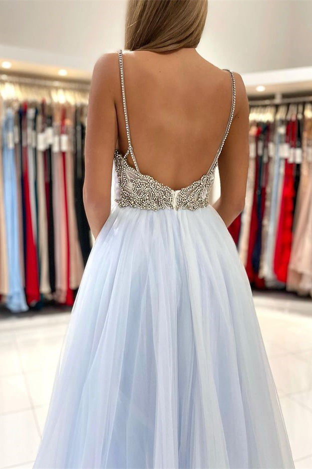 Light Sky Blue Spaghetti-Straps Tulle Long Prom Dress With Beads  PD0678