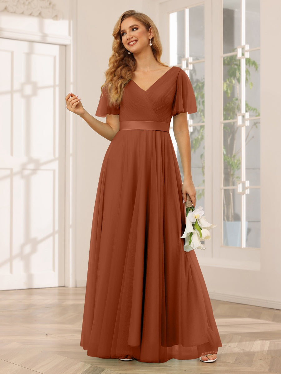 A-Line/Princess V-Neck Short Sleeves Floor-Length Long Bridesmaid Dresses with Lace