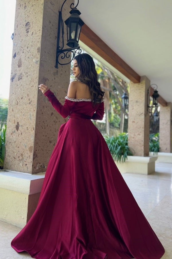 Mulberry Beaded Split Strapless Long sleeves Prom Dress ZT0296