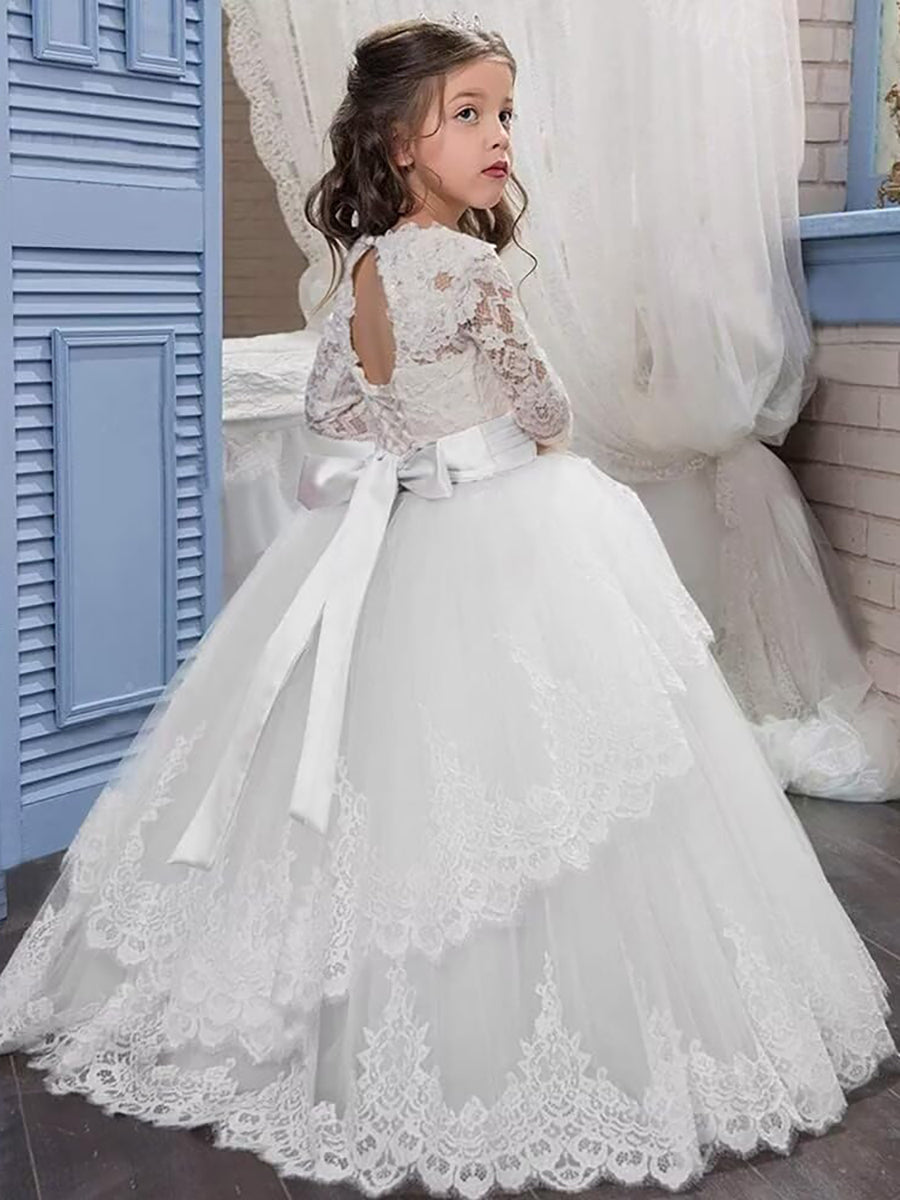 Ball Gown Scoop Neck Long Sleeves Flower Girl Dresses with Lace Appliques & Bow