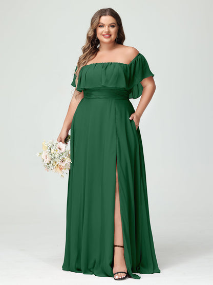 A-Line/Princess Off-the-Shoulder Short Sleeves Chiffon Plus Size Bridesmaid Dresses with Pockets & Split Side