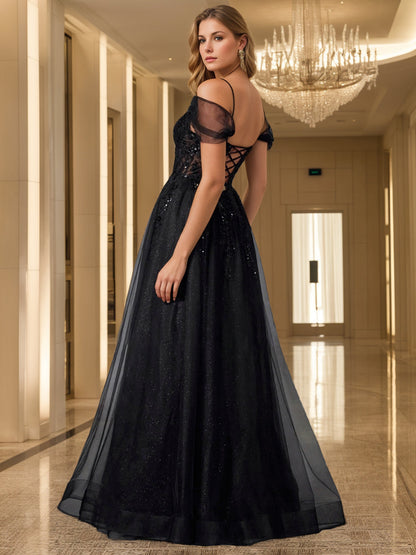 A-Line/Princess Off-the-shoulder Sleeveless Black Tulle Evening Dress with Split Side & Sequins