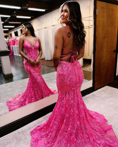 Pink Sequins Prom Dress Mermaid Sleeveless Backless Spaghetti Straps YH0010