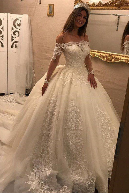 Off-the-Shoulder Long Sleeves Ball Gown Wedding Dress With Lace Appliques PD0948