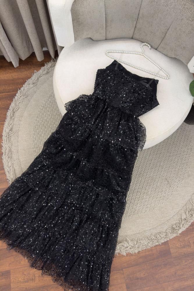 edgynewlook Stunning Black Sequins Sleeveless Strapless Split Long Prom Dress with Ruffles