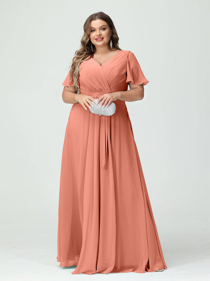 A-Line/Princess V-Neck Short Sleeves Plus Size Bridesmaid Dresses with Pockets Belt & Split Side