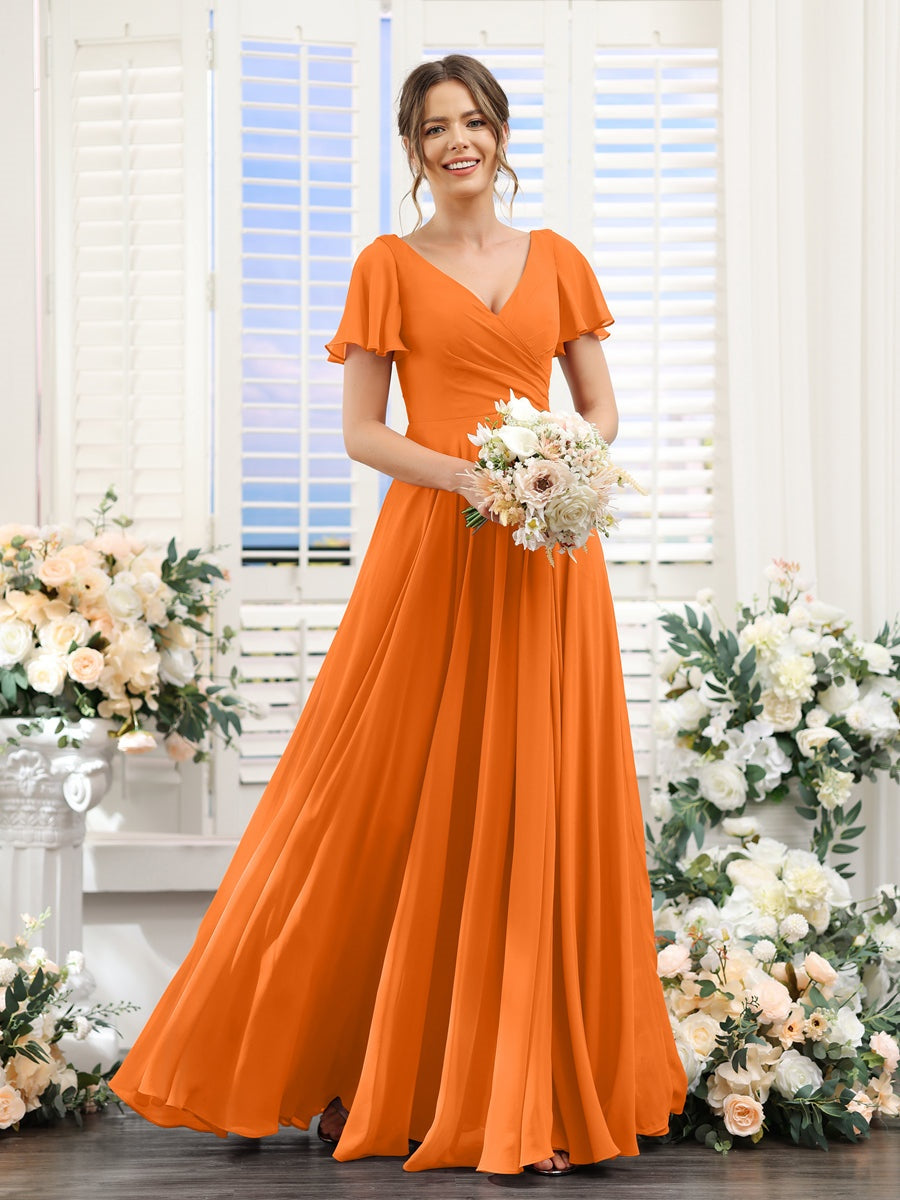 A-Line/Princess V-Neck Short Sleeves Bridesmaid Dresses with Split Side & Ruched