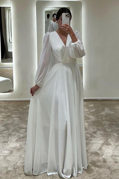 edgynewlook Stunning White Chiffon Long Puff Sleeves V Neck Long Prom Dress with Pleated