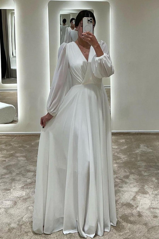 edgynewlook Stunning White Chiffon Long Puff Sleeves V Neck Long Prom Dress with Pleated