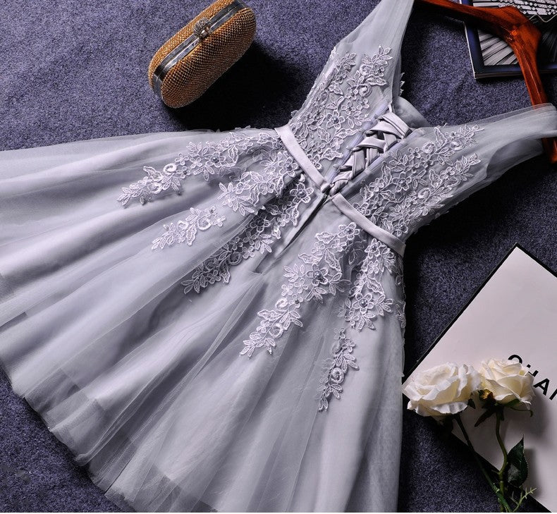 Cute A-line grey lace short prom dress,homecoming dresses  7578