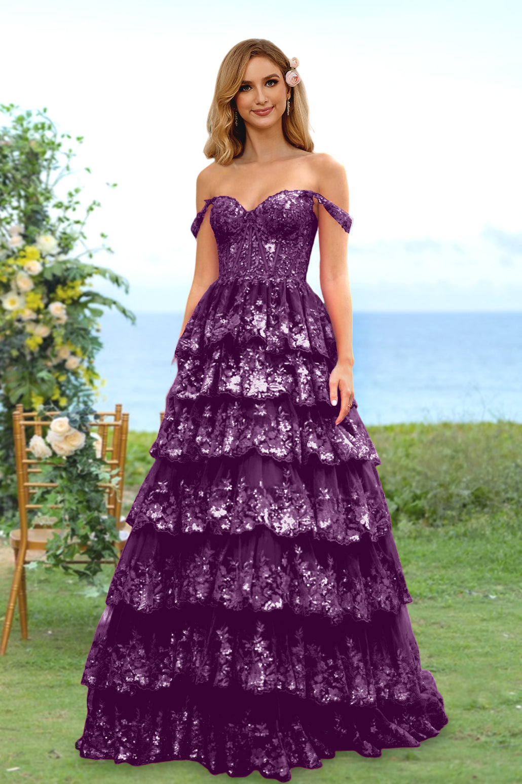 A-Line/Princess Sweetheart Off-the-Shoulder Long Prom Evening Party Floral Dresses with Sequins & Ruffles