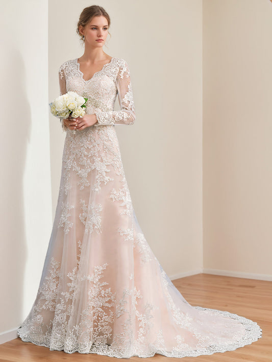 A-Line/Princess Long Sleeves Floor Length Wedding Dress with Appliques