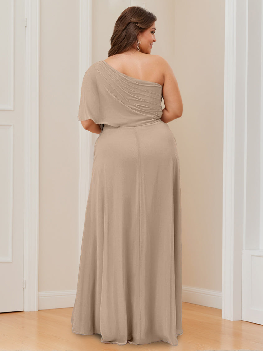 A Line/Princess One-Shoulder Floor-Length Bridesmaid Dresses with Split Side