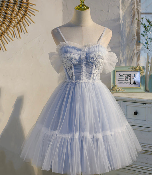 Blue tulle lace short prom dress homecoming dress  10540