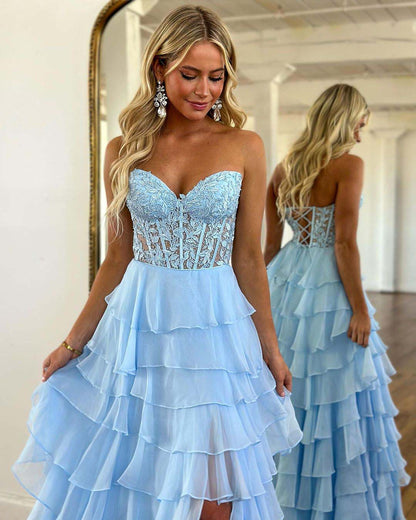 Sweetheart Lovely Split Chiffon Appliques Prom Dress ZT0156