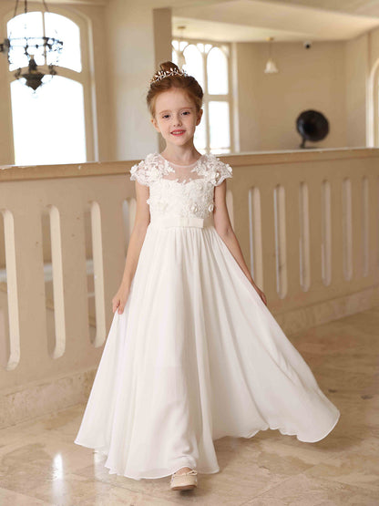 A-Line/Princess Satin Lace Scoop Short Sleeves Floor-Length  Flower Girl Dresses White Lace