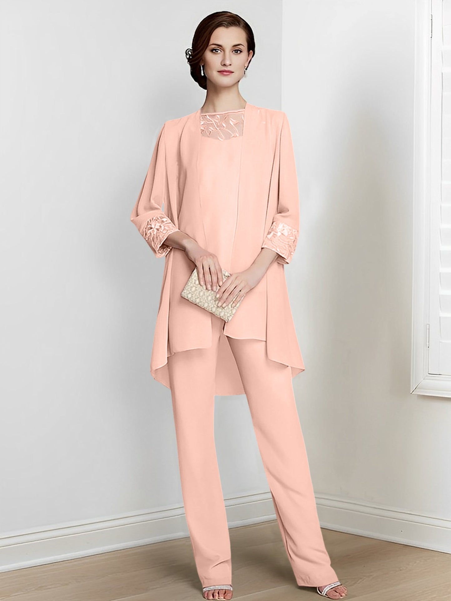 Chiffon Square Neck Long Sleeves Floor-Length Mother Of The Bride Pantsuits With Jacket