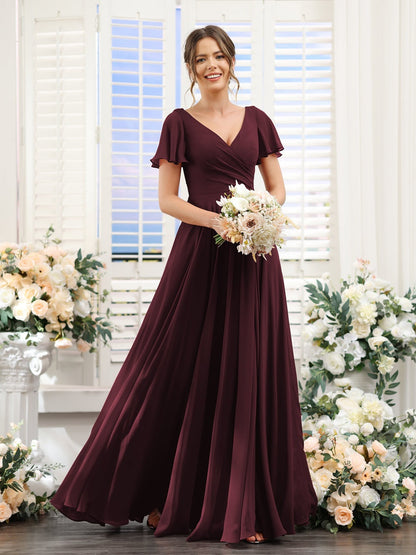 A-Line/Princess V-Neck Short Sleeves Bridesmaid Dresses with Split Side & Ruched