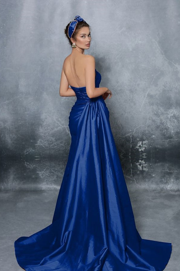 Blue Elegant Sleeveless Strapless Prom Dress with slit pleated ED0584