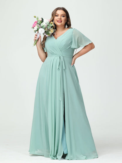 A-Line/Princess V-Neck Short Sleeves Plus Size Bridesmaid Dresses with Pockets Belt & Split Side