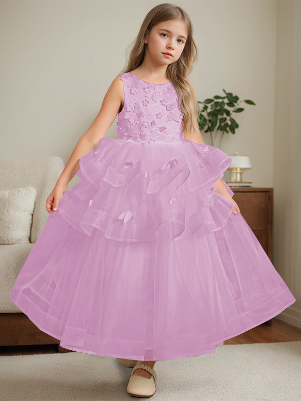 Ball-Gown Round Neck Sleeveless Ankle-Length Flower Girl Dress with Lace