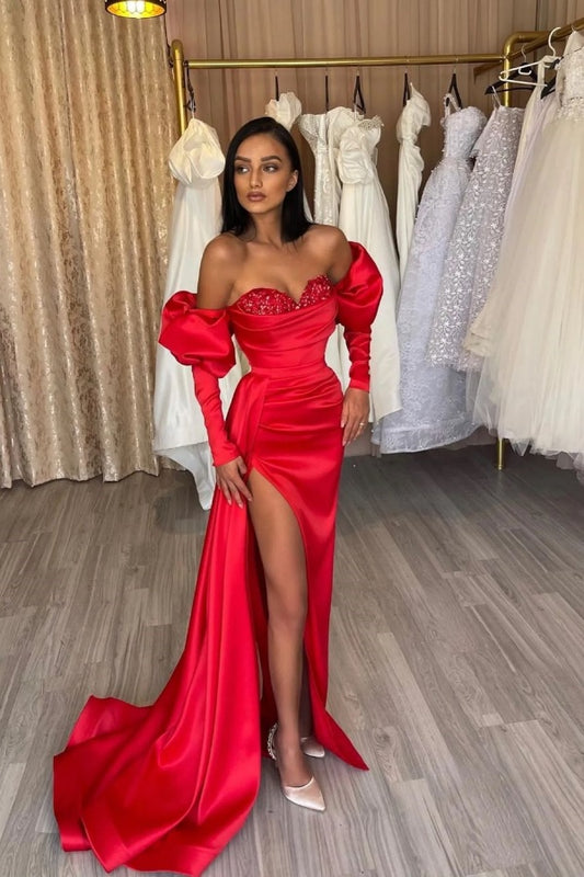 edgynewlook Red Off-the-Shoulder Long sleeves Prom Dress Split with Sequins