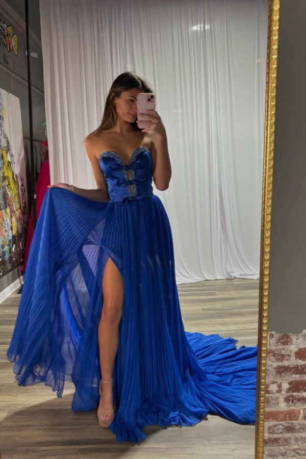 Royal Blue Strapless Split Bow-knot Chiffon Prom Dress ZT0501