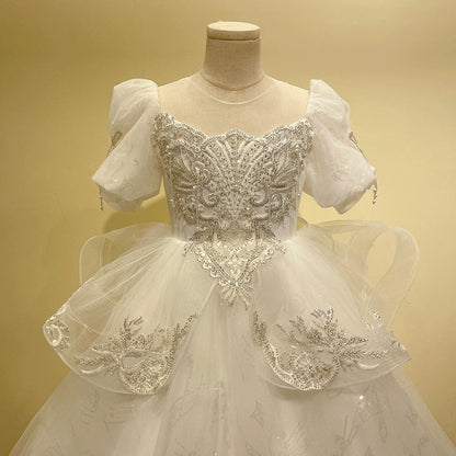 A-Line/Princess Short Sleeves Flower Girl Party Dresses with Rhinestone Appliques