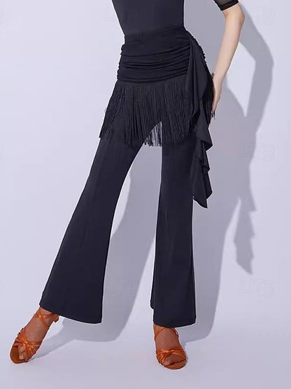 Latin Dance Ballroom Dance Pants Tassel Pure Color Splicing Women's Performance Training Milk Fiber