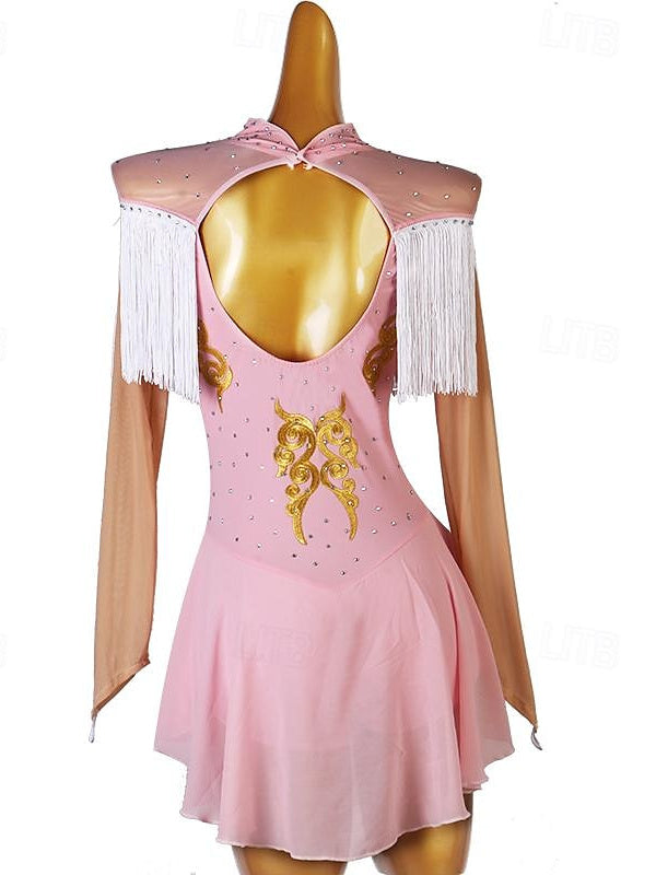 Dance Salsa Latin Dance Dress Rhinestone Tassel Women‘s Performance Training Long Sleeve High Spandex Tulle